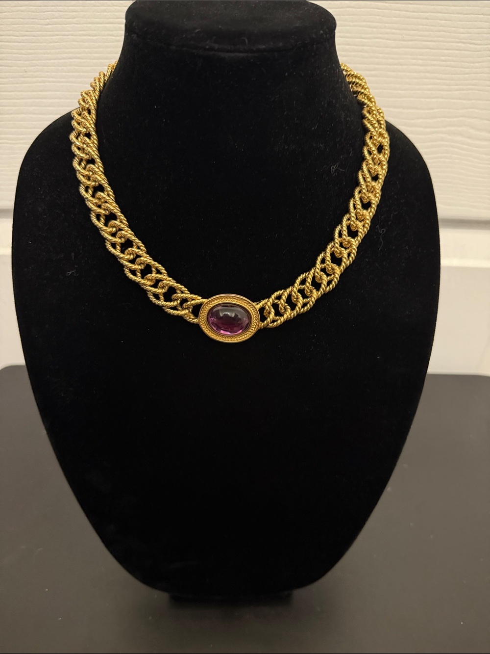 VTG MONET Purple Cabochon Link Brushed Gold Tone Necklace Gala